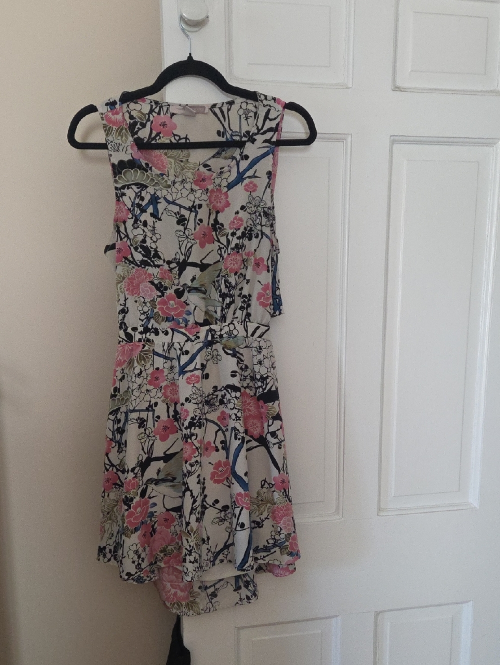Forever 21 Contemporary Cream Floral Mini Dress with Pink and Blue Accents In M